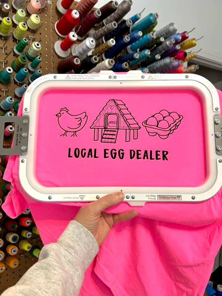 Local Egg Dealer Embroidered on a Comfort Colors T-shirt