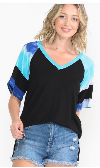 V-Neck Tunic with Tie Dye Sleeves - Black