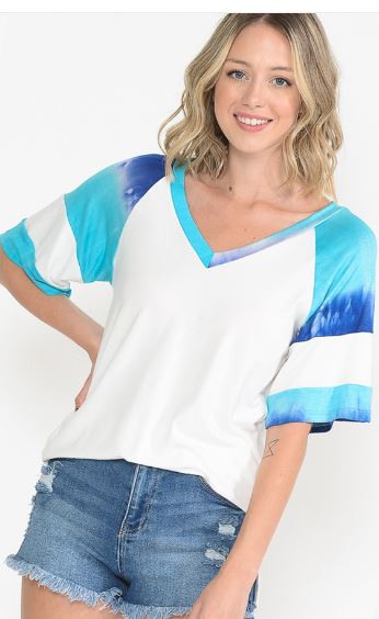 V-Neck Tunic with Tie Dye Sleeves - White