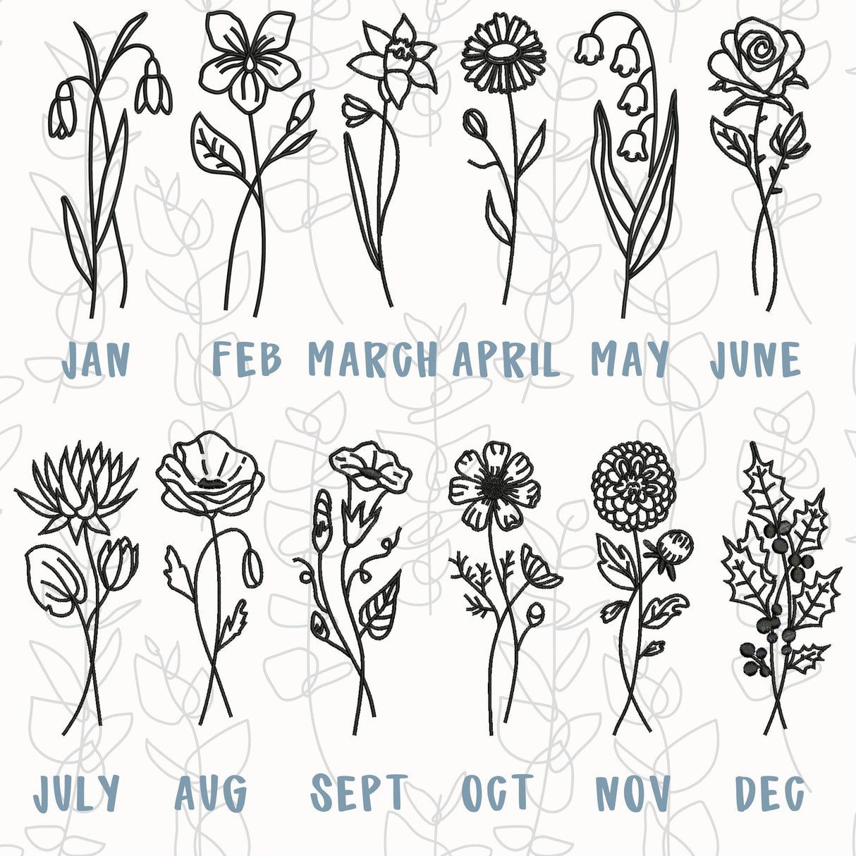 Birth Month Flowers Embroidered on a Comfort Colors T-shirt