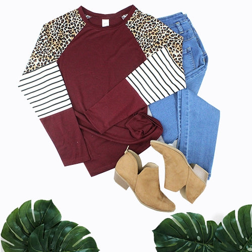 Maroon Leopard and Stripes Long Sleeve Top