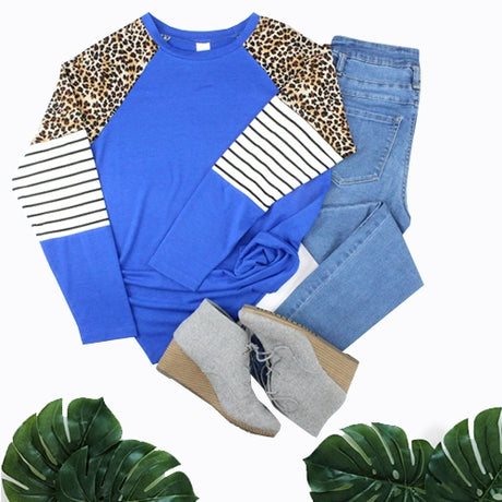 Royal Leopard and Stripes Long Sleeve Top