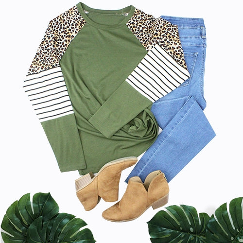Olive Leopard and Stripes Long Sleeve Top