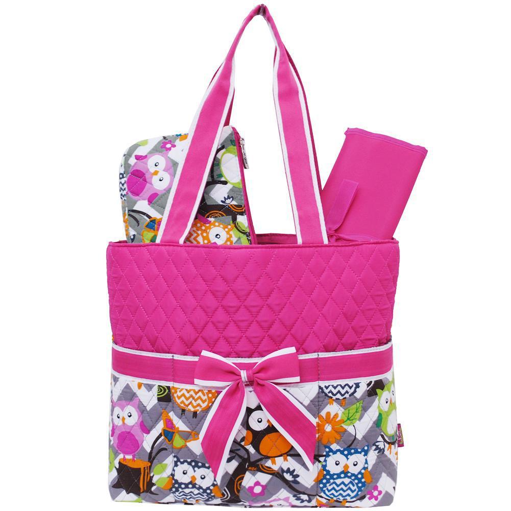 Owl Pink Quilted Diaper Bag Set