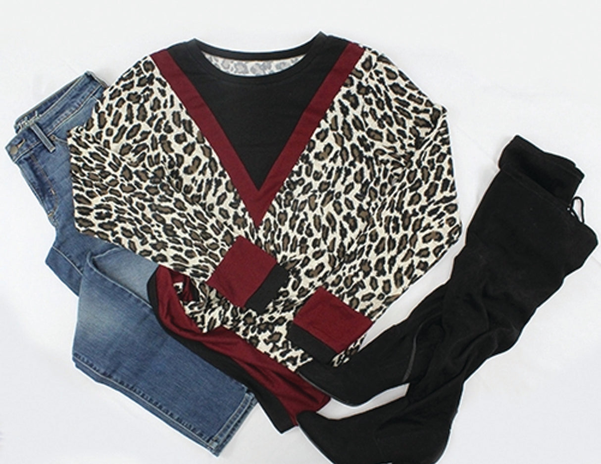 Leopard Long Sleeve Top with V Color Maroon