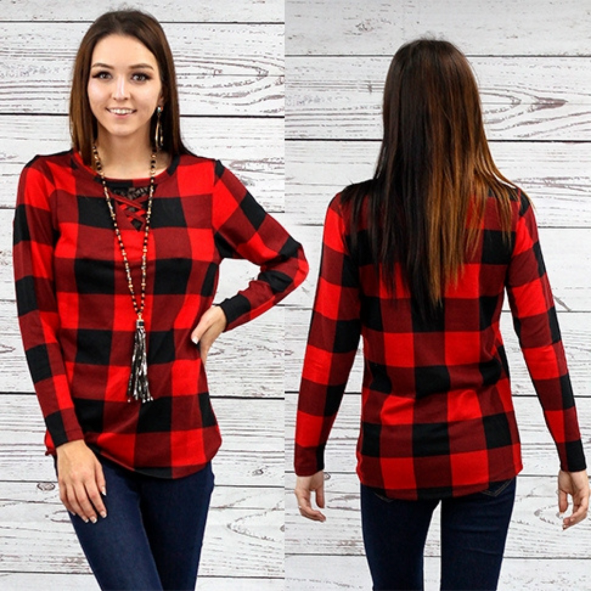 Red Buffalo Plaid Long Sleeve Top with V Neck Lace