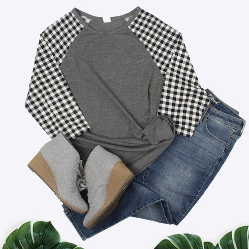 Gray Plaid 3/4 Sleeves Raglan