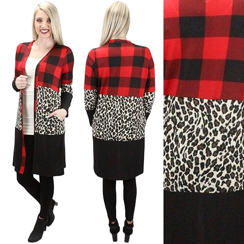 Cardigan with Buffalo Plaid & Leopard